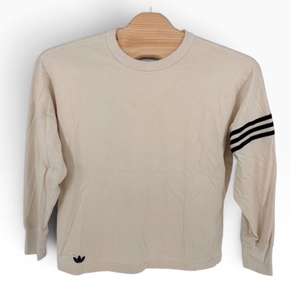 Adidas Long Sleeve Shirt Medium Beige 3-Stripe Drop Shoulder HS1525
